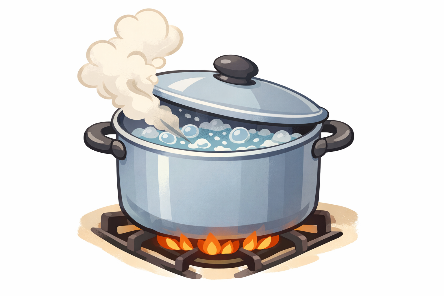 Large pot at a rolling boil on the stove with steam rising.