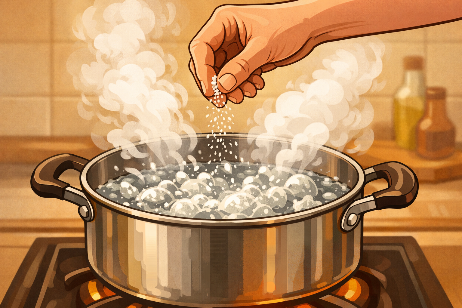 Hand sprinkling salt into a pot of boiling water.