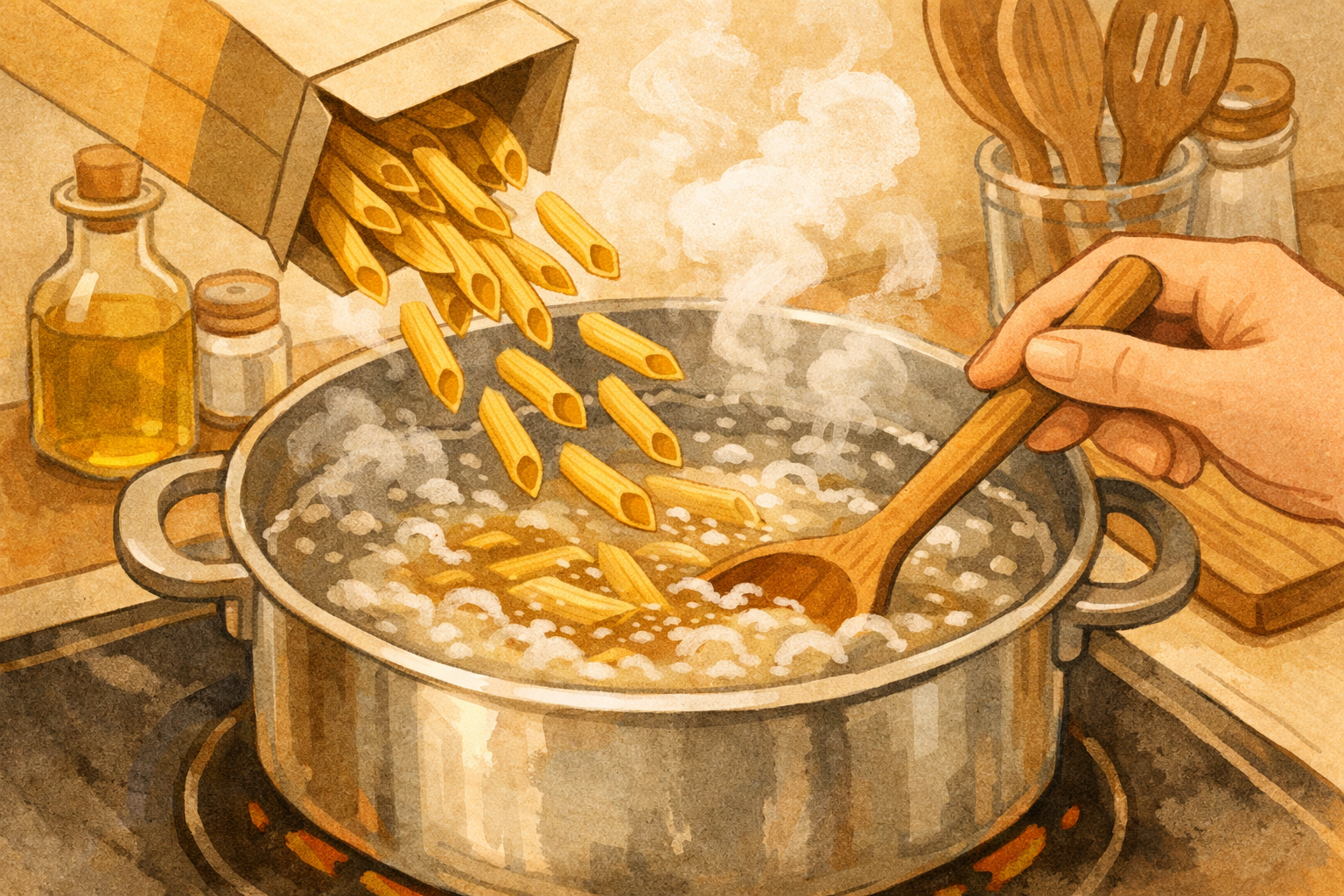 Dried pasta going into a boiling pot while a spoon stirs.