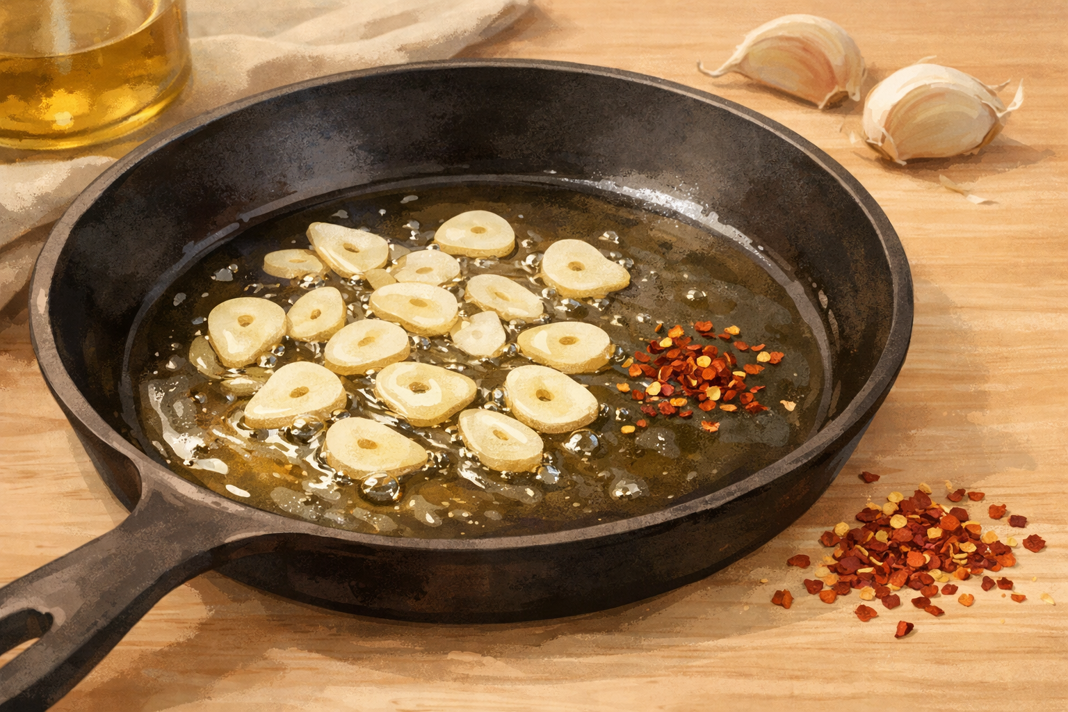 Garlic gently cooking in olive oil in a skillet.