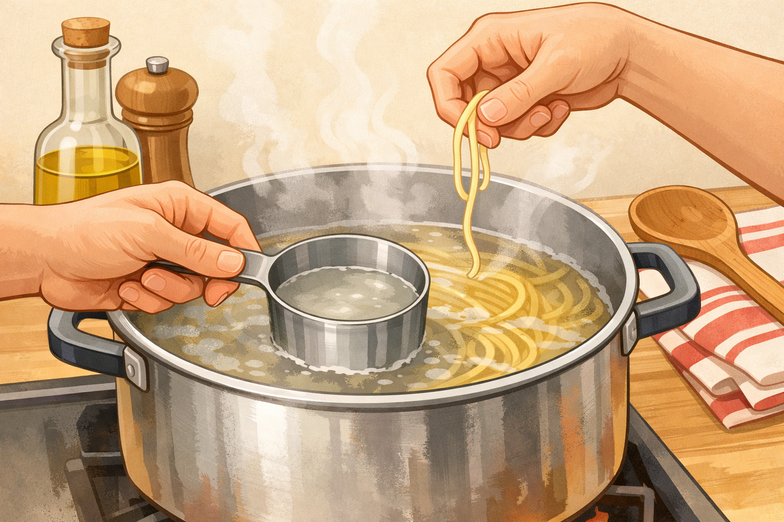 Scooping starchy pasta water from the pot while checking a pasta strand.
