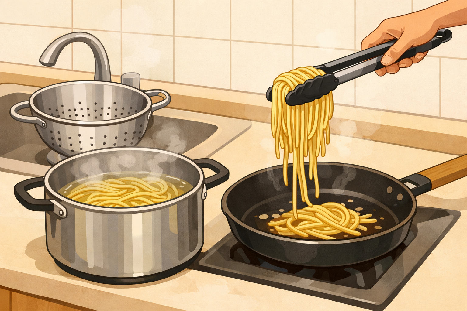 Pasta moving from the boiling pot into a skillet, with a colander nearby.
