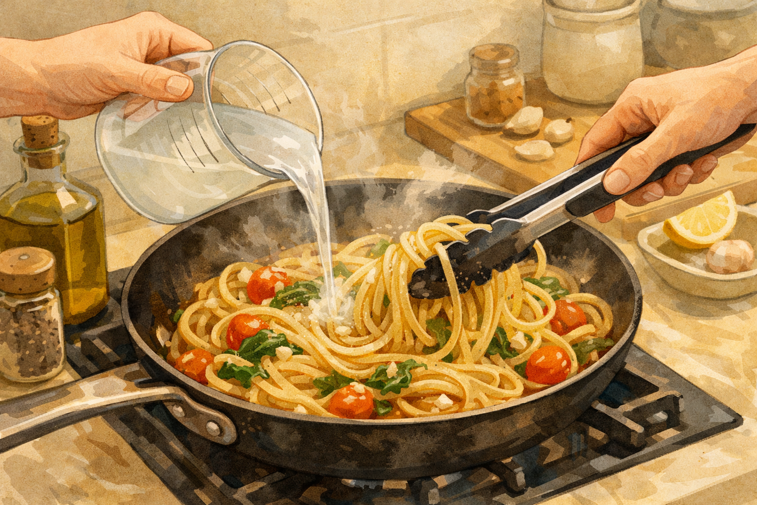 Adding reserved pasta water to pasta in a skillet while tossing.