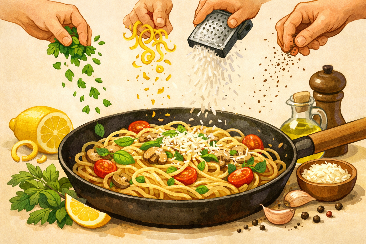 Finishing pasta with herbs, lemon, pepper, and grated cheese.