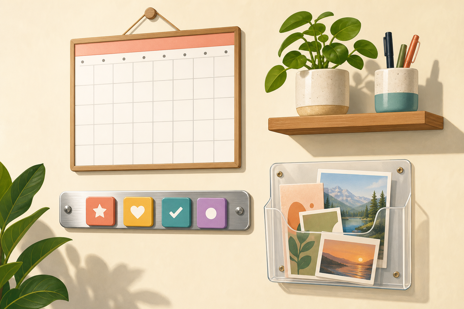 Illustration of a one-wall command center showing calendar, priority strip, inspiration pocket and tiny shelf on a single wall.