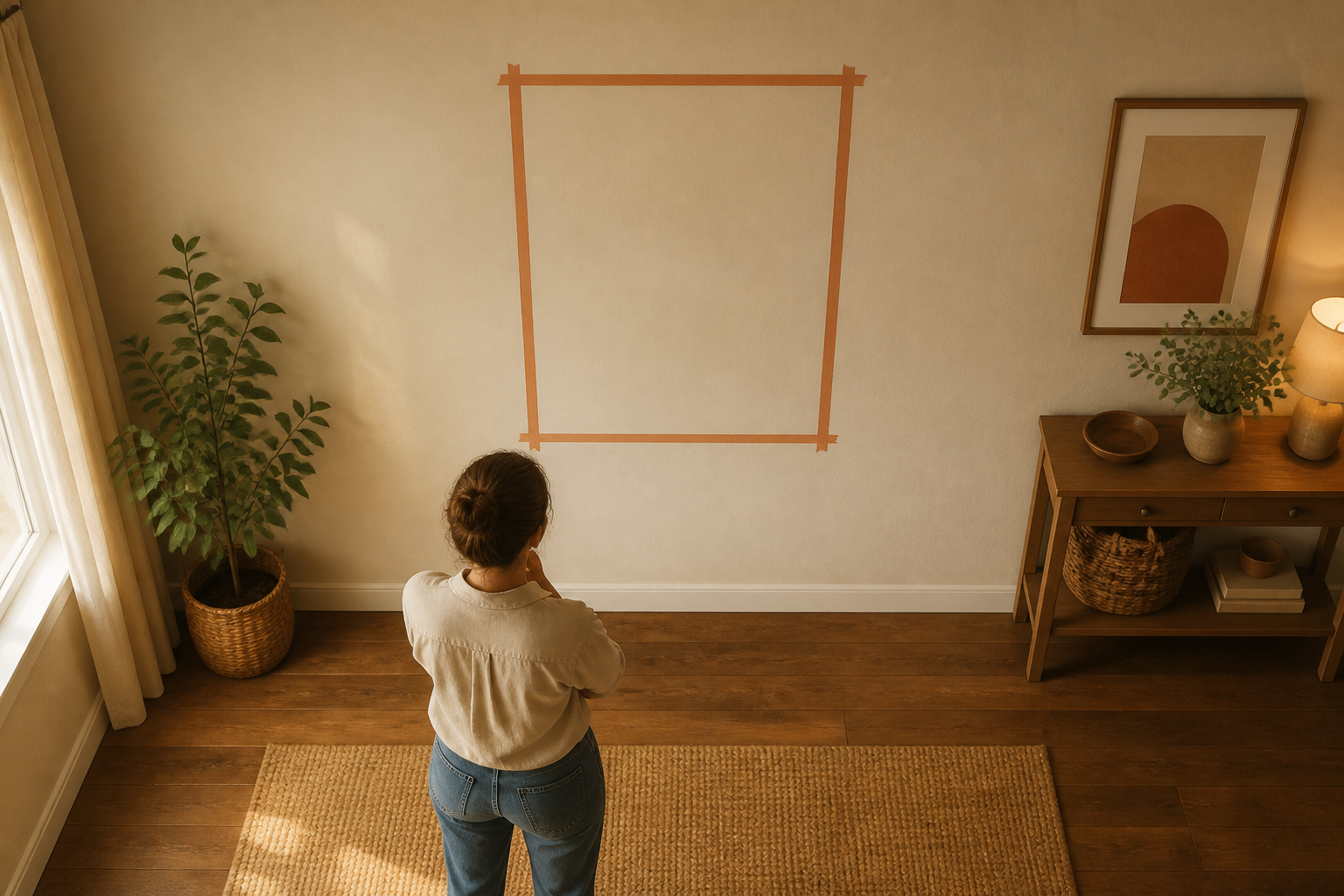 Person evaluating a clear 3–4 foot tall zone on a wall to place the command center.