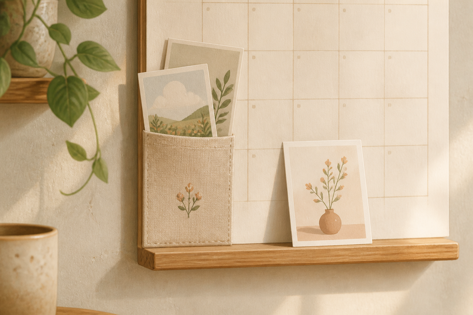 Tiny printed micro-prompt cards placed in the inspiration pocket and on the tiny shelf.