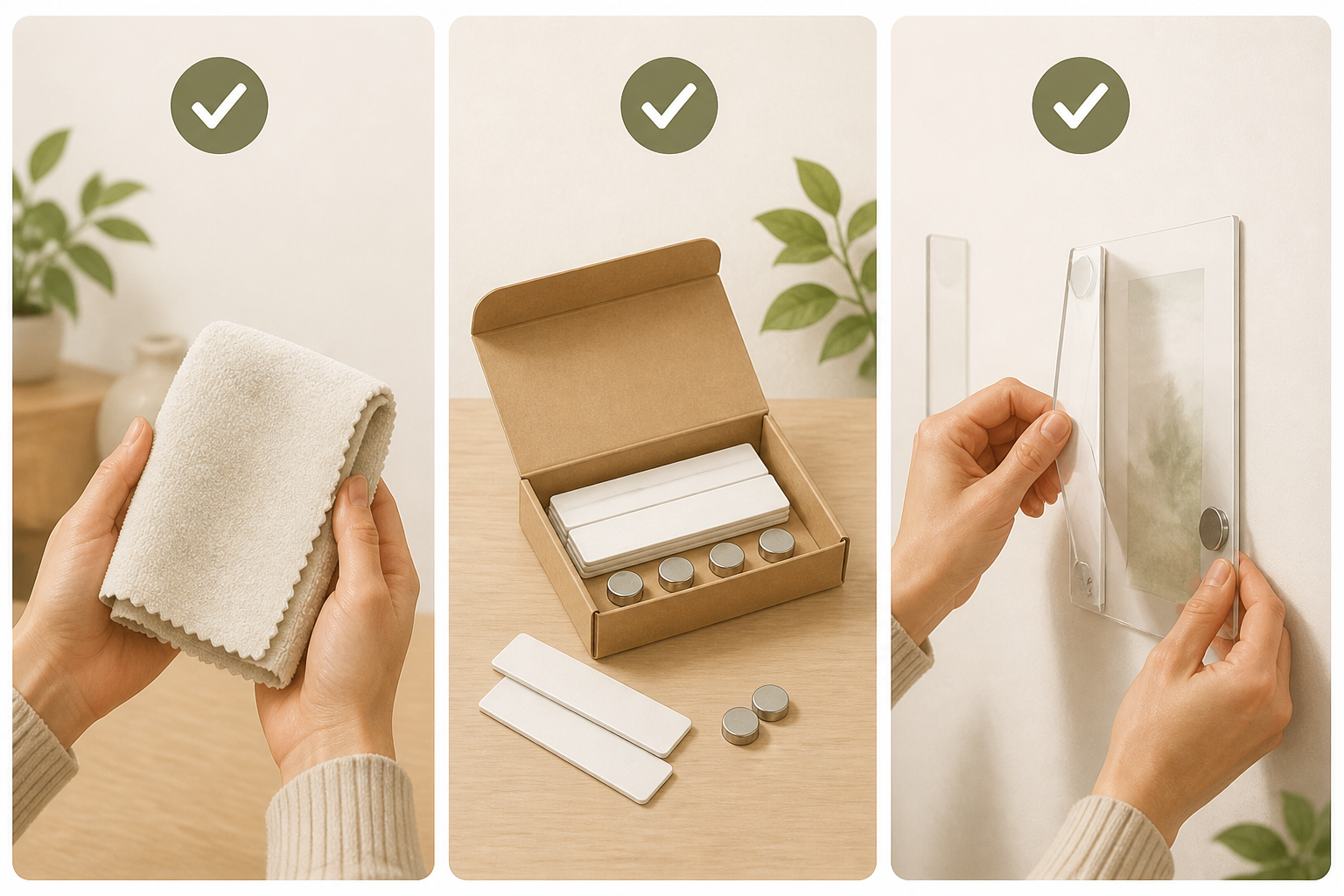 Maintenance actions: cleaning the acrylic, storing spare strips and magnets, and careful removal of adhesive strips.