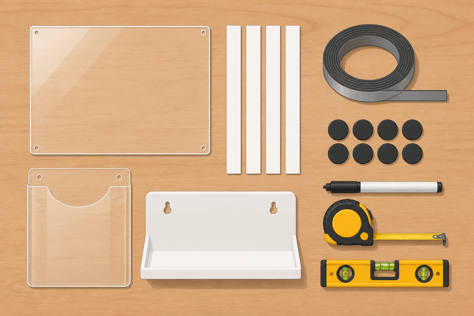 Materials and tools for the command center laid out on a table.