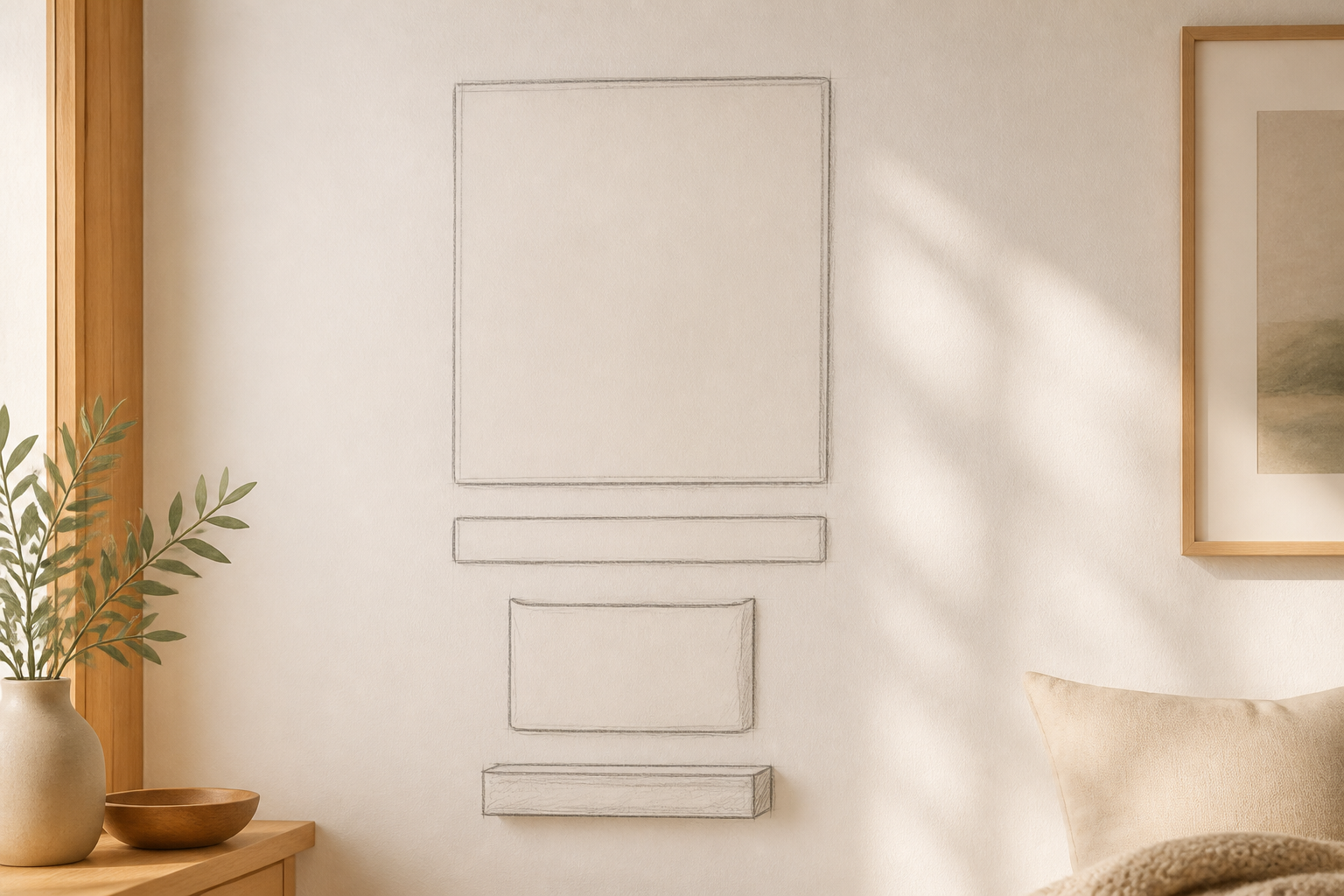 Pencil outline on wall marking where calendar, priority strip, pocket and shelf will sit.