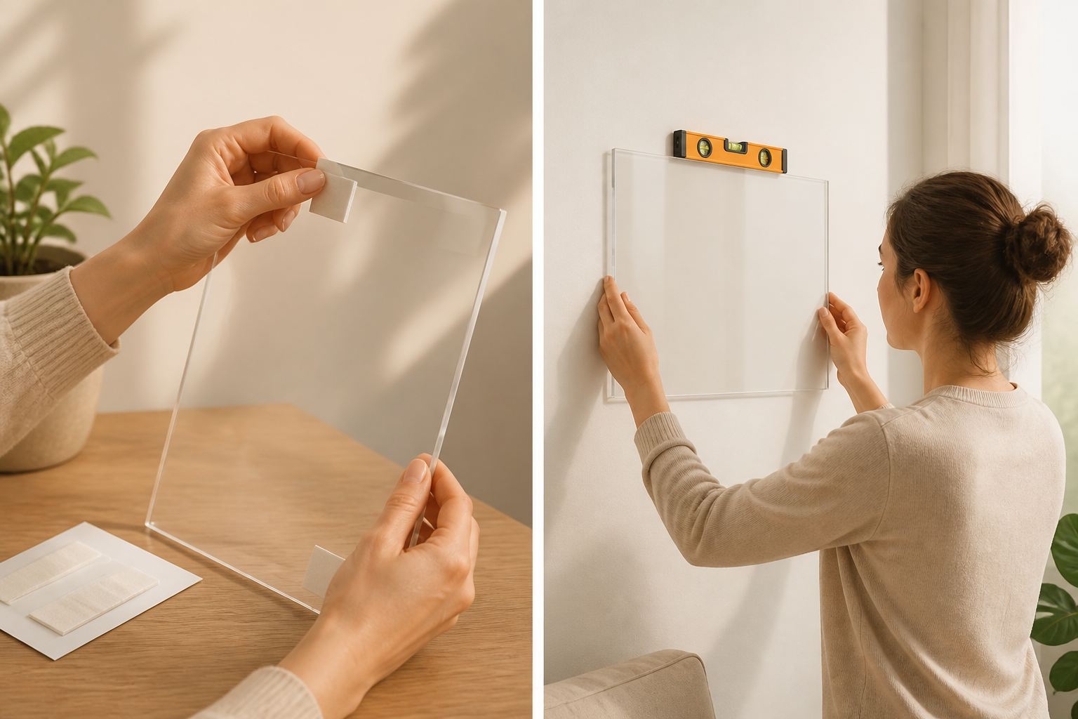 Person attaching adhesive mounting strips to the back of an acrylic sheet and fixing it to the wall using a level.
