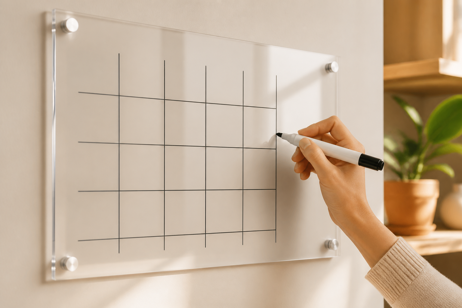 Person drawing a dry-erase calendar grid on the mounted acrylic sheet.
