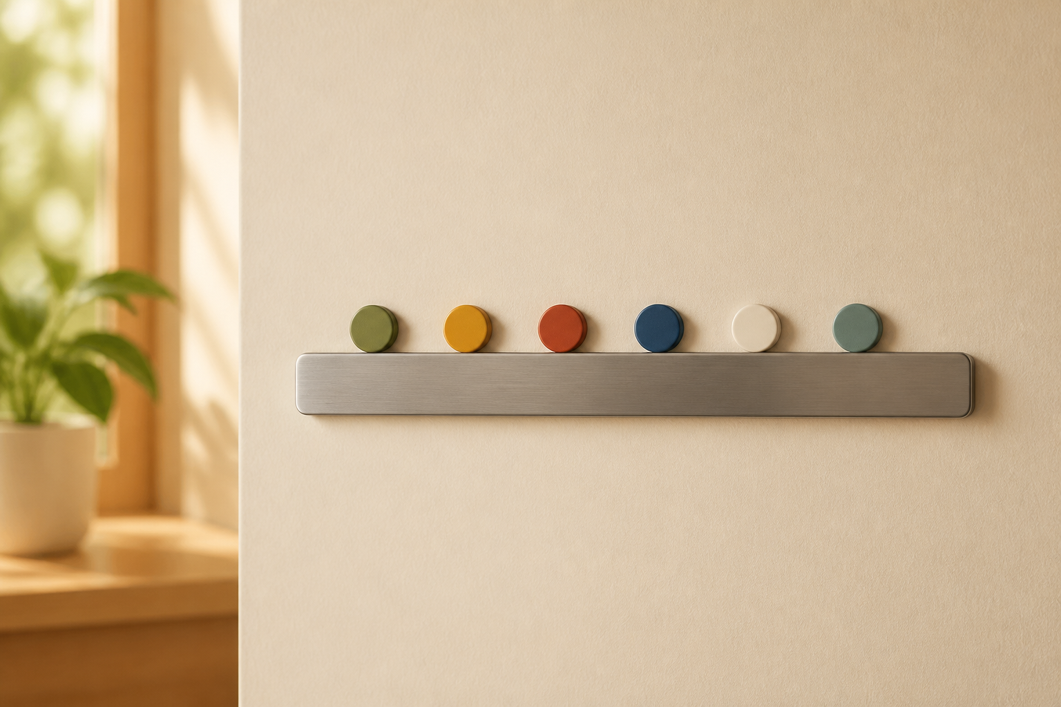 Adhesive steel strip attached to the wall serving as the magnetic priority bar with magnets on it.