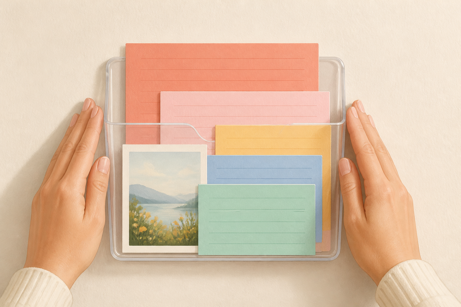 Transparent inspiration pocket adhered to the wall and filled with cards and a photo.