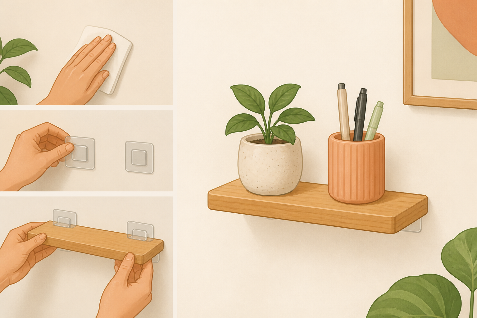 Tiny shelf mounted on the wall with a small plant and pen cup resting on it.