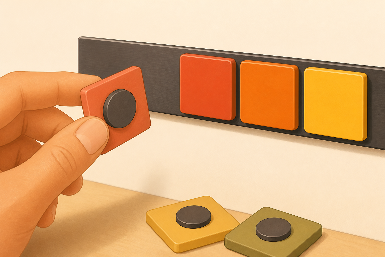 Small colored priority tiles with magnets being placed on the magnetic strip.