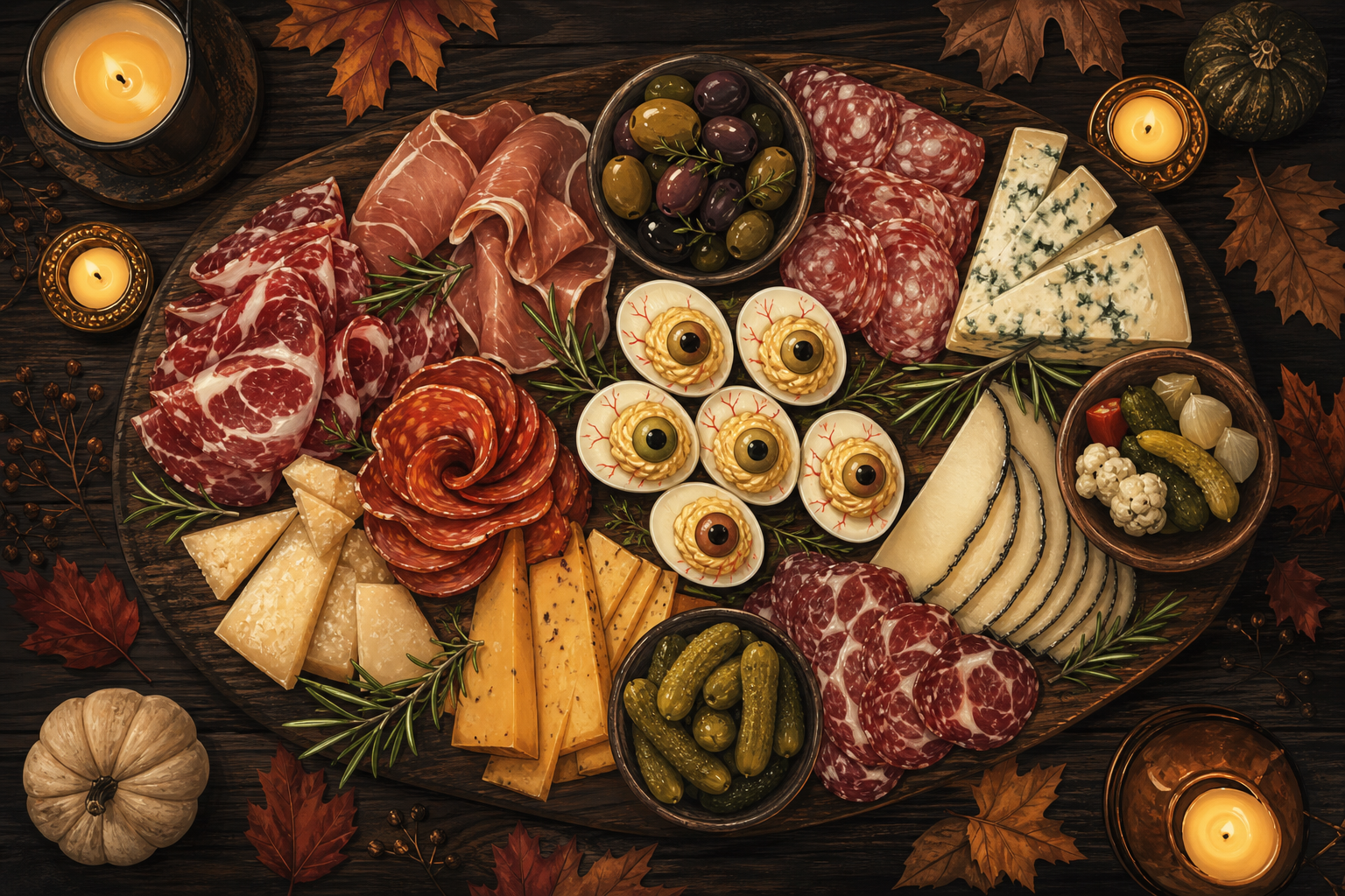 Top-down illustrated charcuterie board styled for Halloween with meats, cheeses, olives, deviled-egg eyeballs and autumnal decorations.