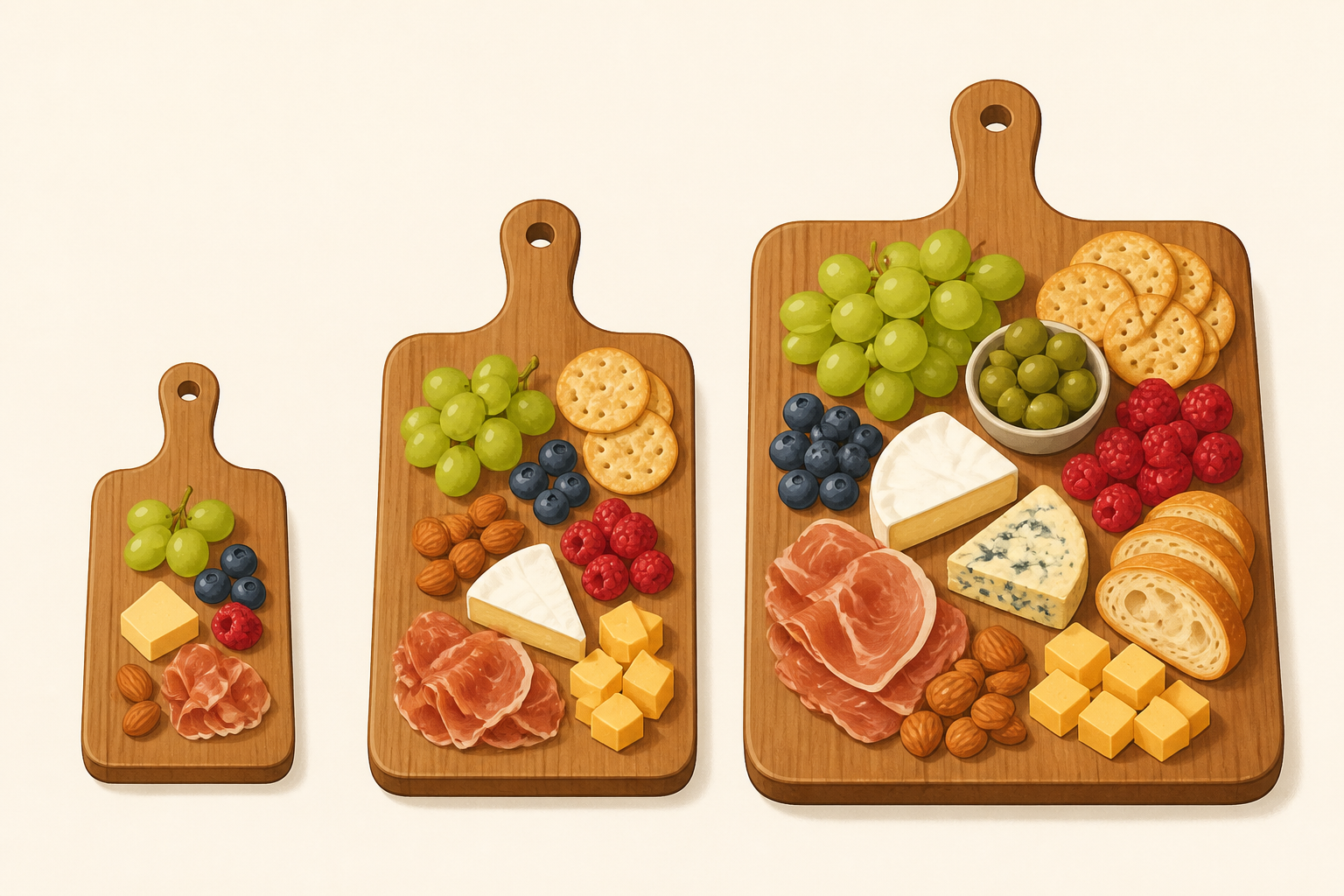 Three illustrated charcuterie boards of different sizes showing relative portion clusters for small, medium and large groups.