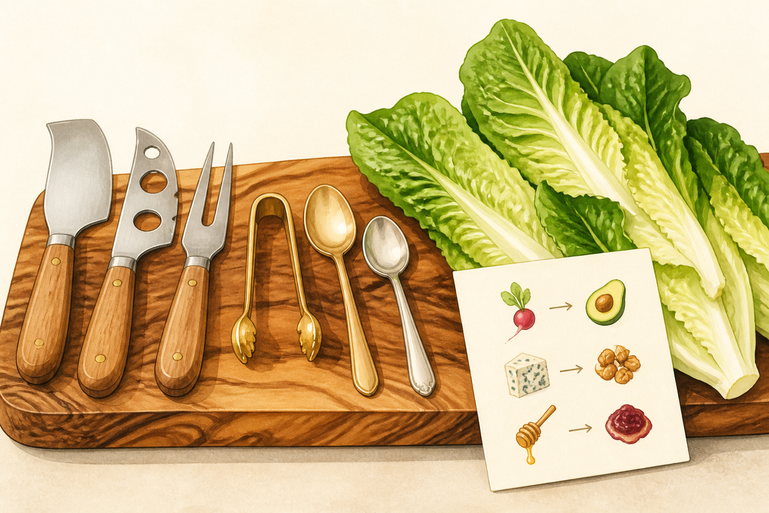Board edge with serving utensils and a small swap suggestion card beside romaine leaves.