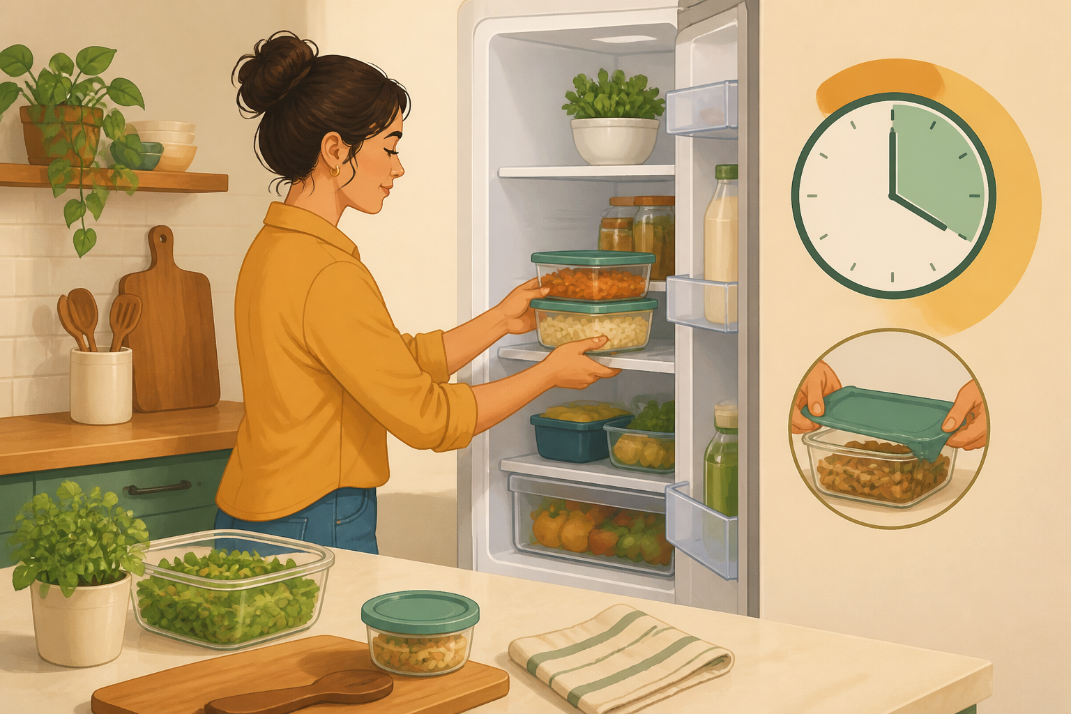 Person placing covered leftovers into a fridge with a clock indicating a two-hour serving limit.