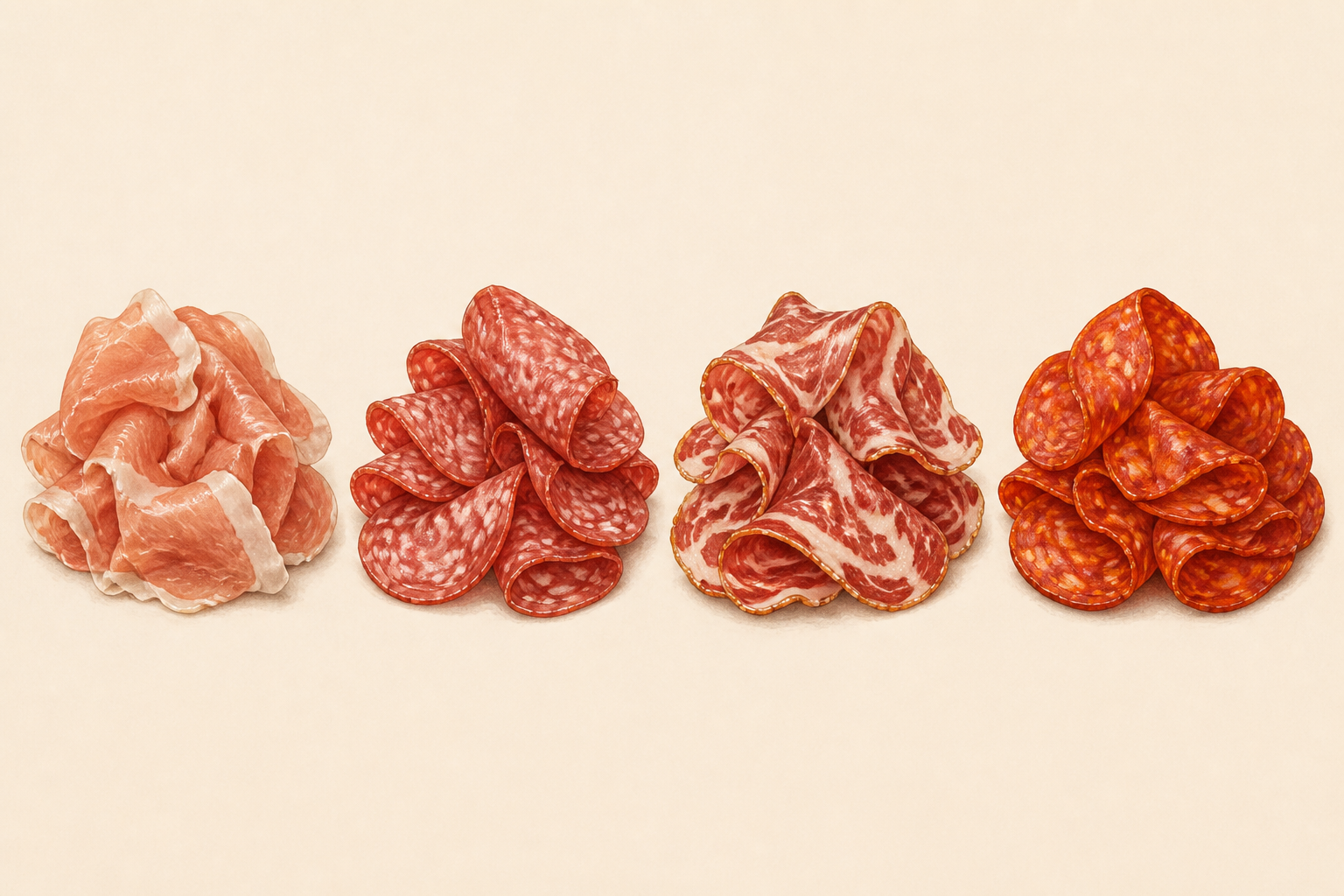 Four types of cured meats in separate piles showing different slices and folds.