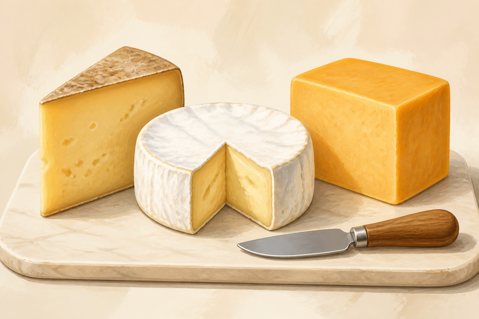 Three cheeses of different shapes (wedge, round, block) with a cheese knife beside them.