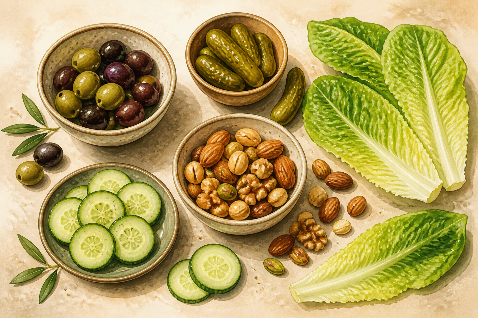 Small bowls and piles of olives, pickles, nuts and fresh vegetable scoops for a low-carb board.