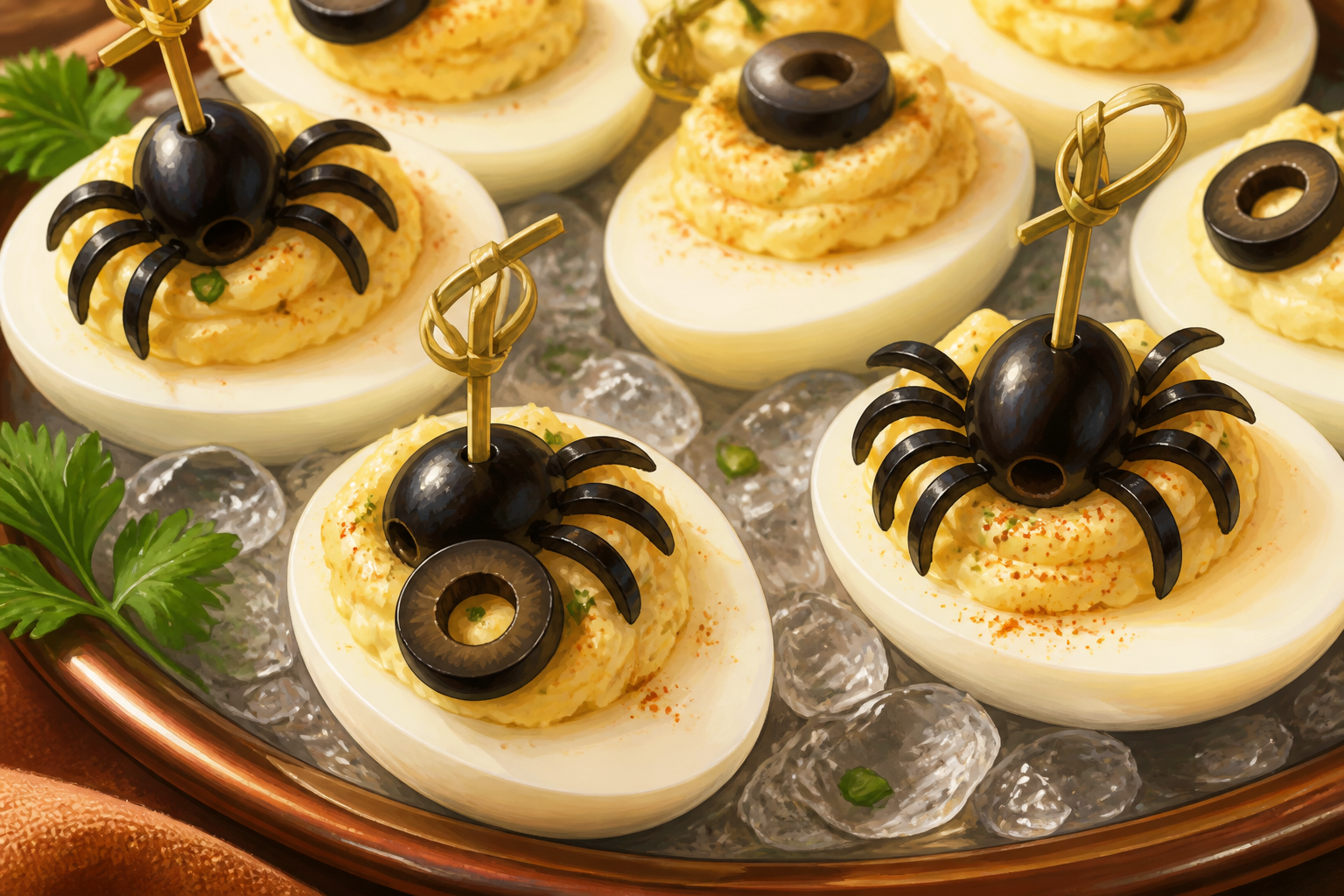 Deviled egg halves with olive centers and small olive spiders on picks prepared on a tray.