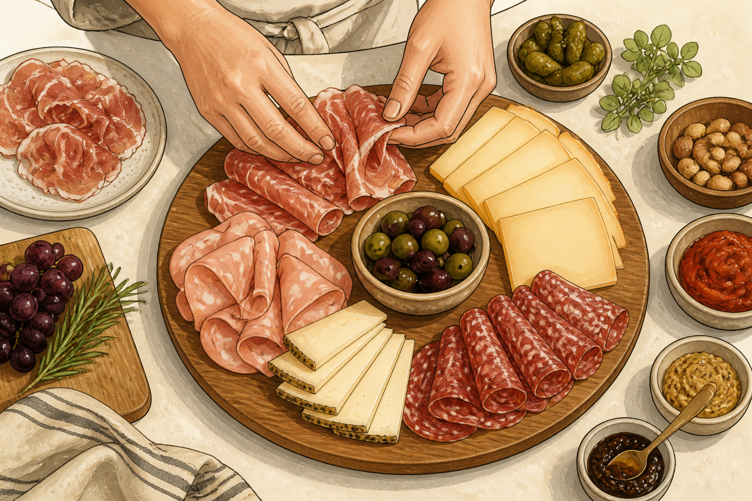 Hands preparing folded meats, sliced cheeses and small bowls for easy serving.
