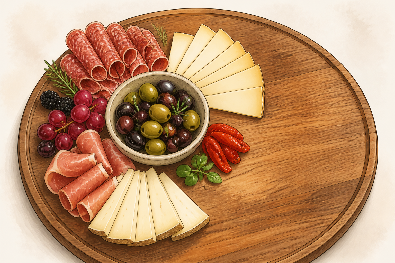 Partially arranged board showing clear clusters of meats, cheeses and a central bowl of olives with colorful accents.
