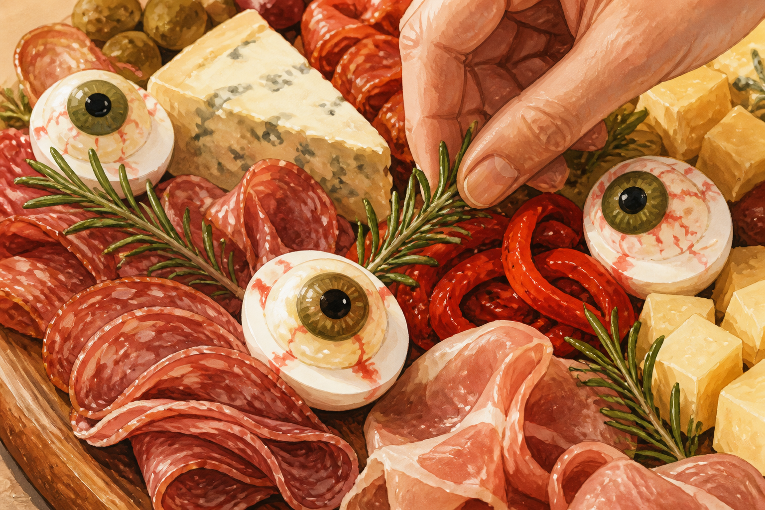 Close-up of a finished spooky board with rosemary, pepper strips and eyeball eggs among meats and cheeses.