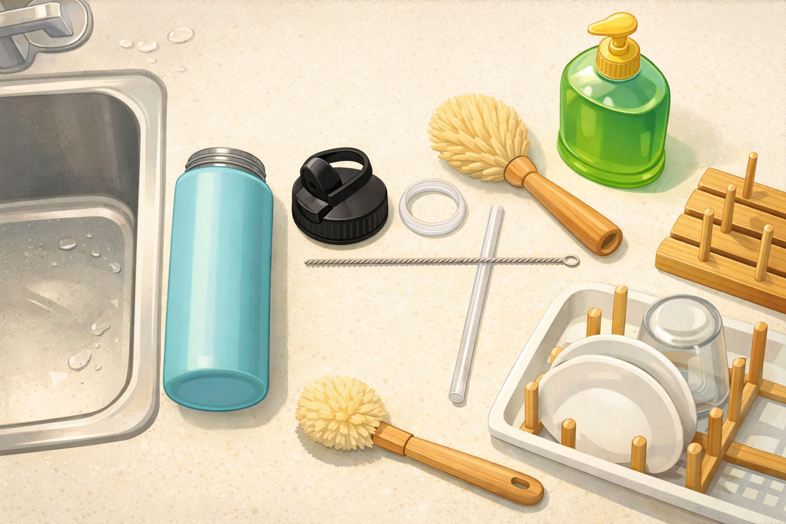 Disassembled reusable water bottle with brushes and a drying rack laid out on a clean kitchen counter.