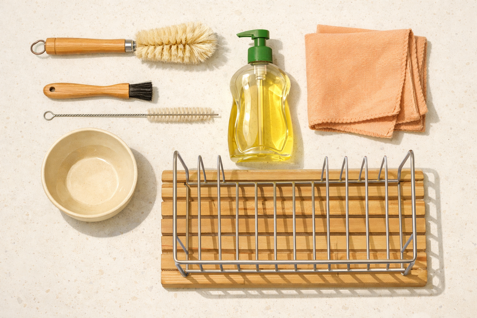 Bottle brush, small brushes, dish soap, cloth, small bowl, and drying rack arranged on a kitchen counter.