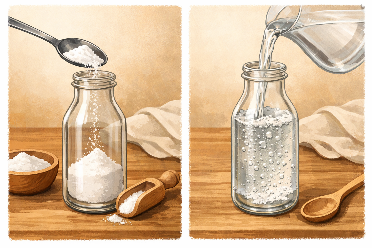 Baking soda being added to a bottle before filling with warm water.