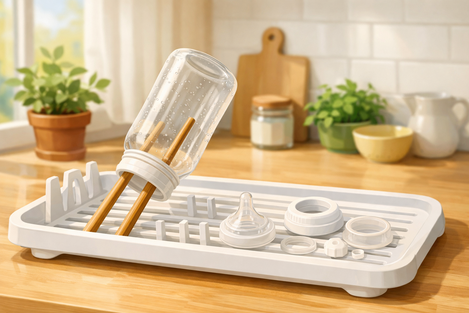 Bottle angled upside down on a rack with lid, gasket, and straw laid out separately to dry.