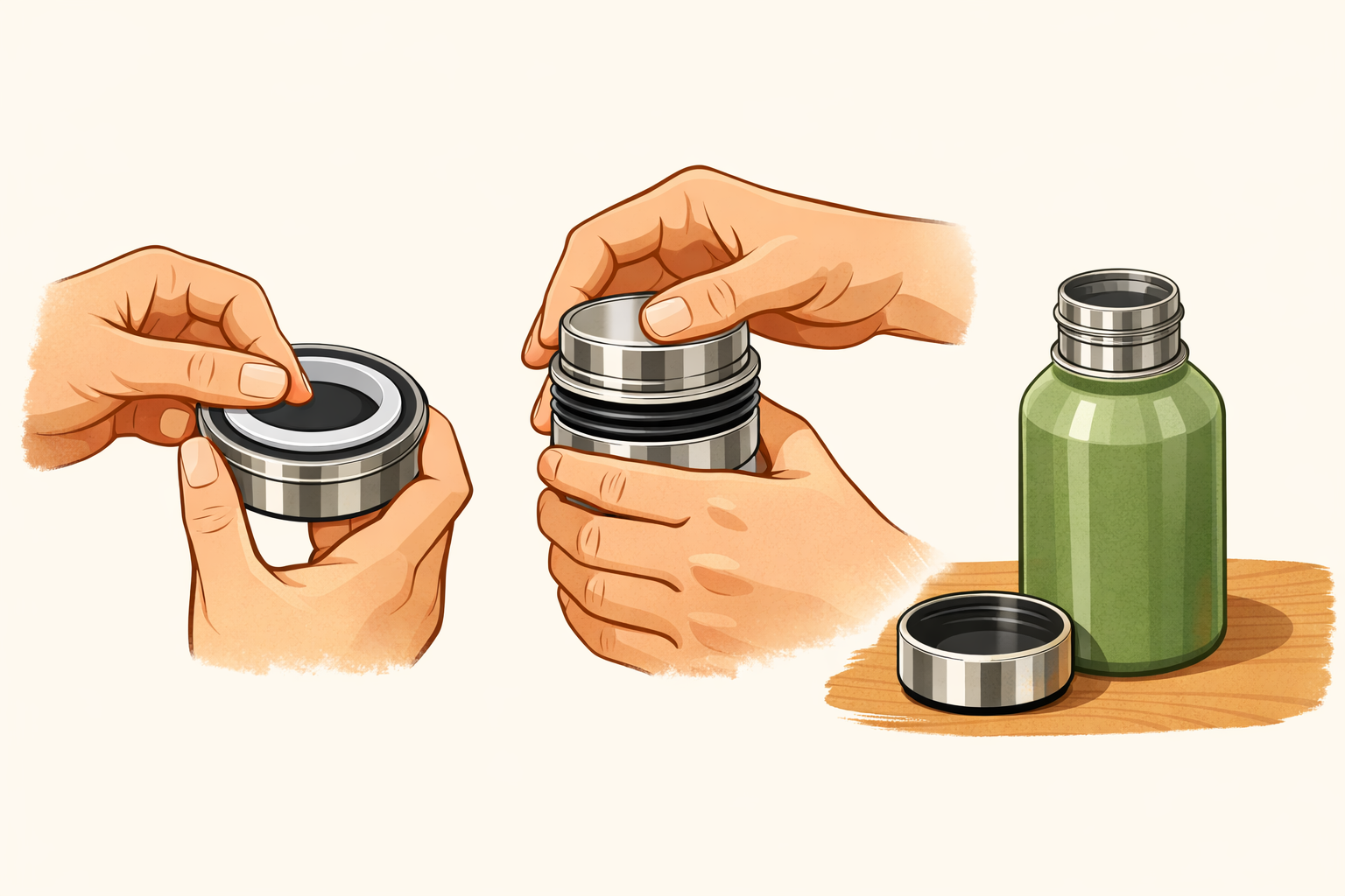 Hands reassembling the lid gasket and placing the lid loosely on the bottle for storage.