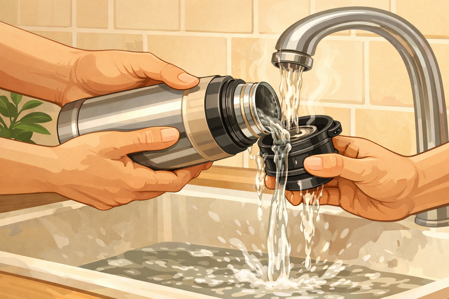 Hands rinsing a water bottle and lid under a kitchen faucet.
