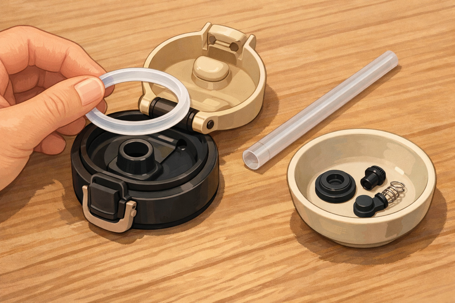 Close-up of a reusable bottle lid with the gasket and straw being removed and set into a small bowl.