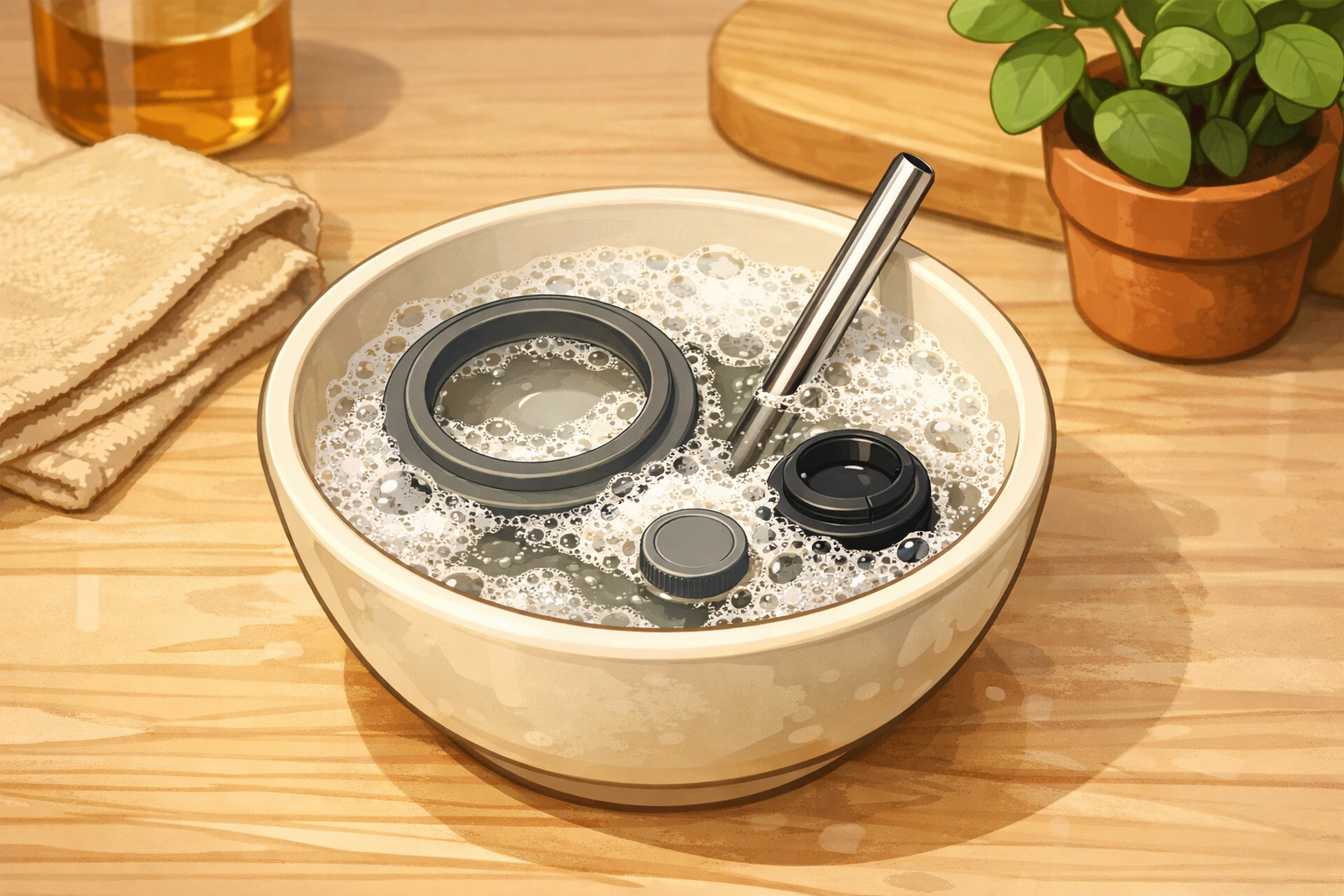 Gasket, straw, and small lid pieces soaking in a bowl of soapy water.