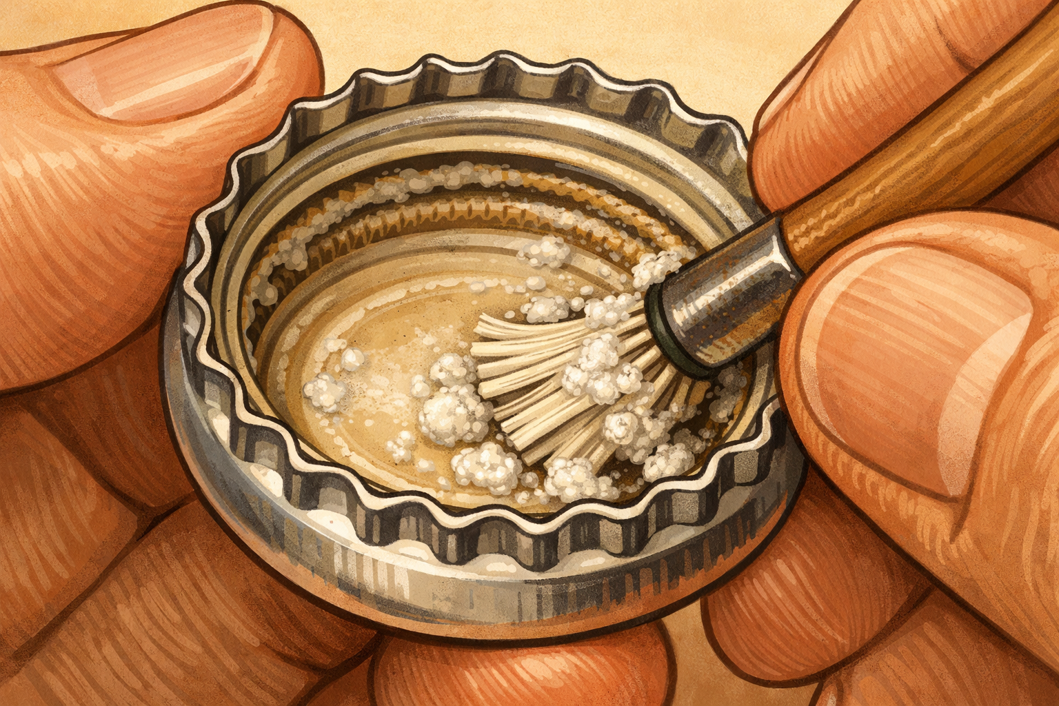 Hand using a small brush to clean the cap’s threads and grooves.
