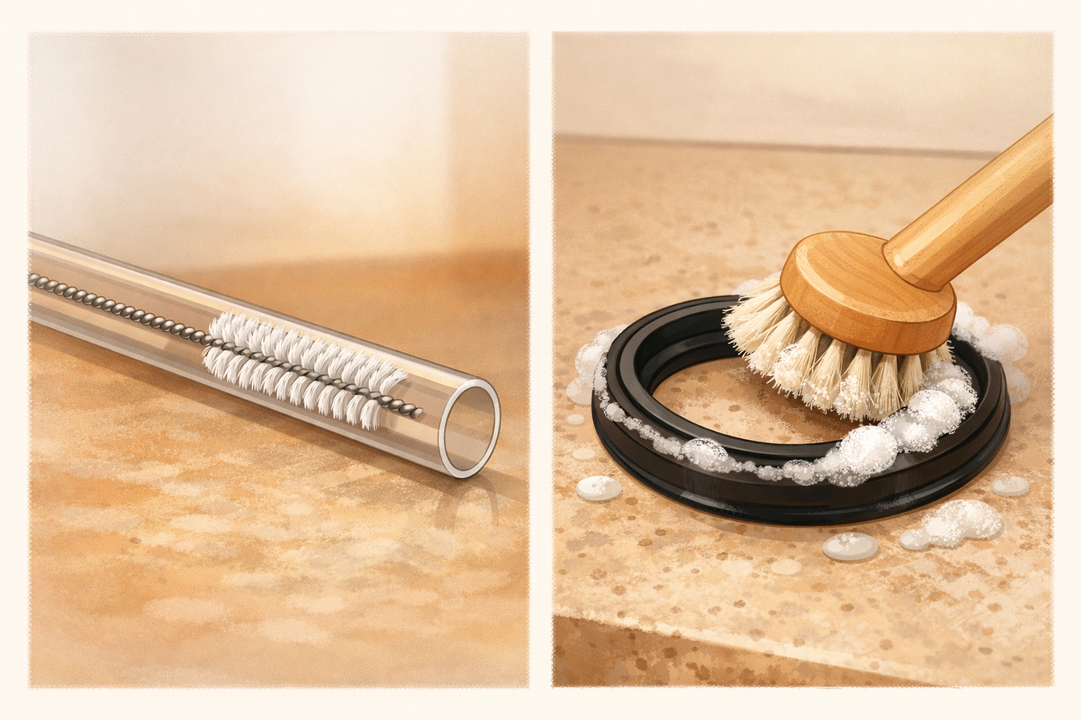 Straw brush cleaning a tube and a small brush scrubbing a rubber gasket.