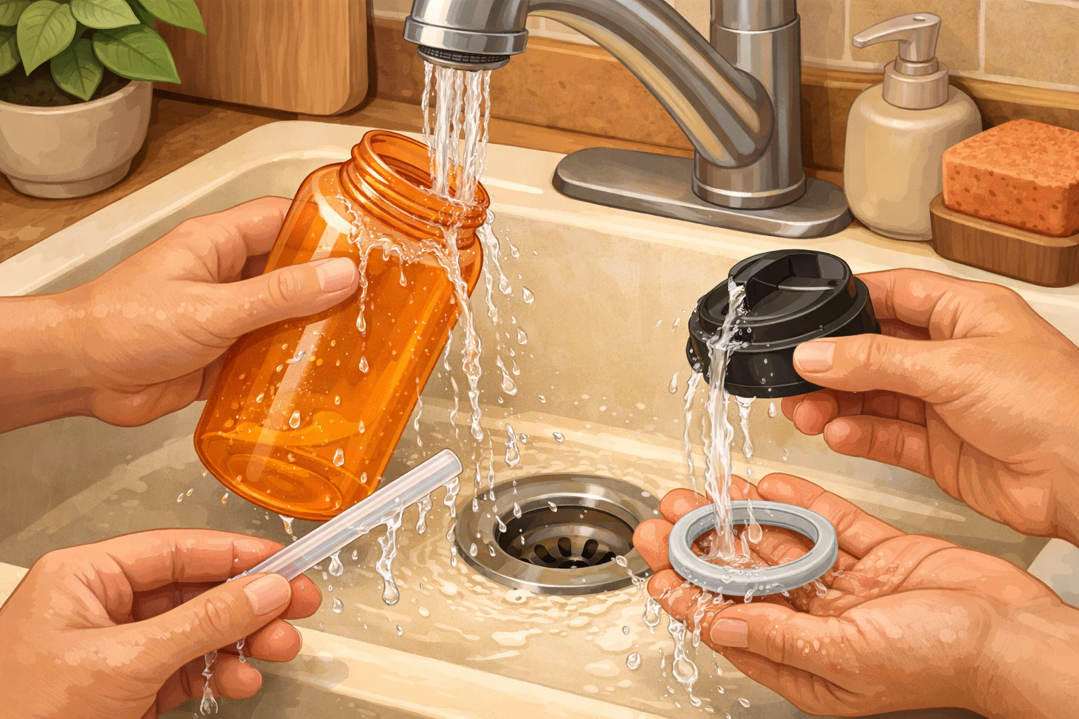 All bottle parts held under running water to remove soap.