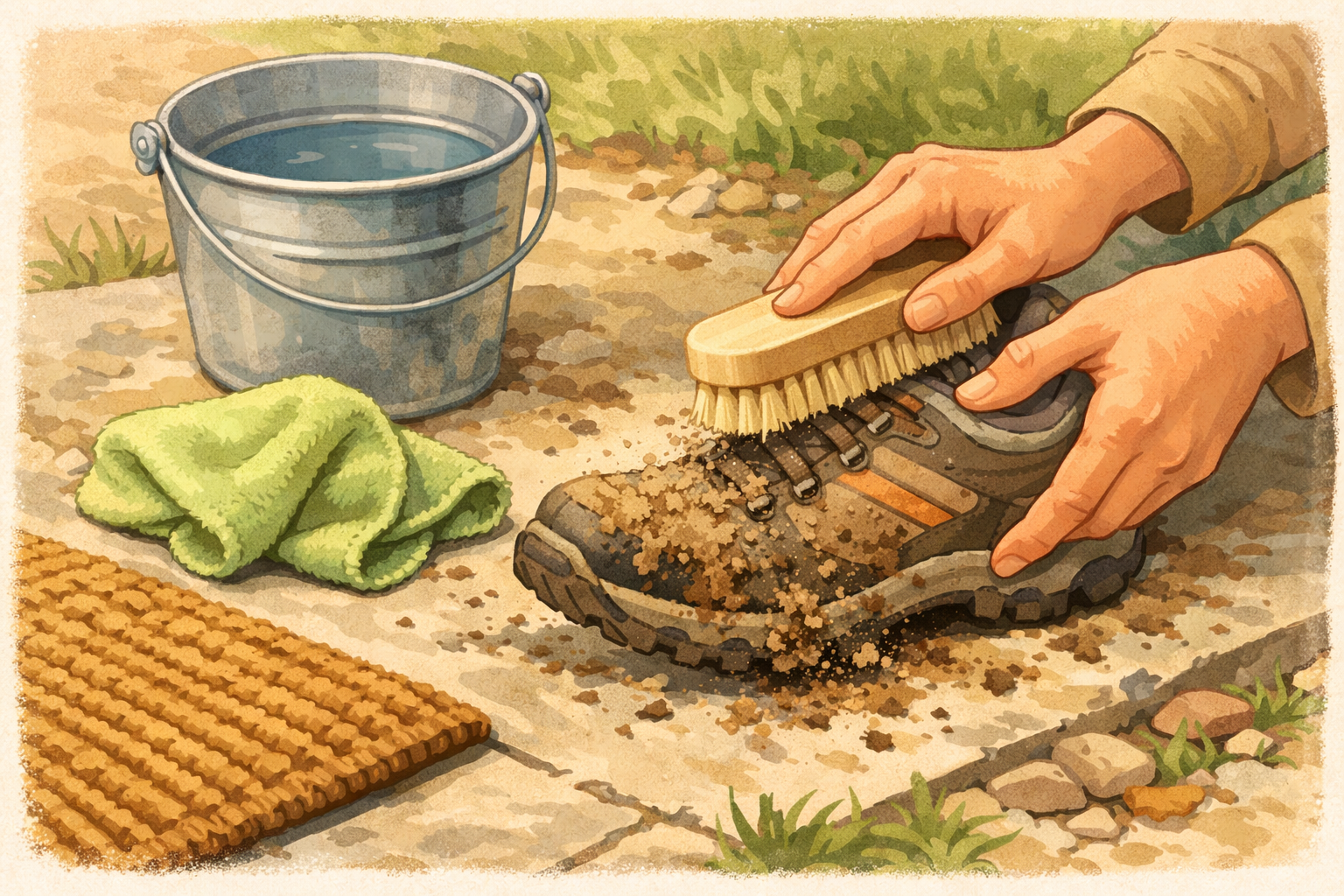 Hands brushing dried mud off walking shoes on a doormat with a cloth and bucket nearby.