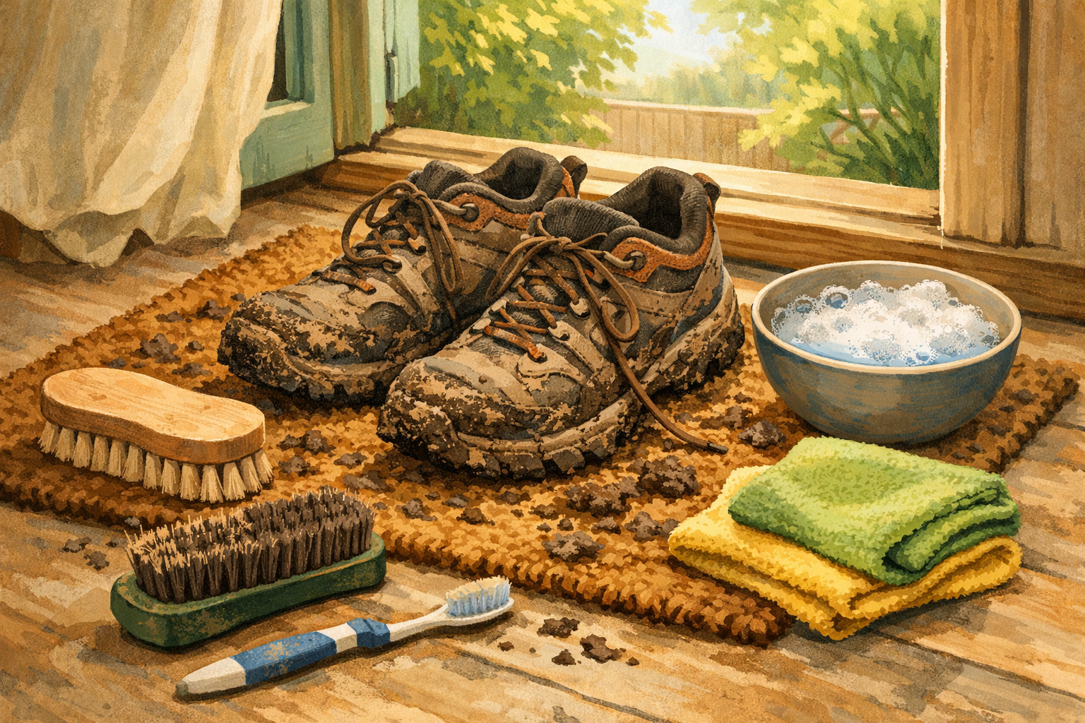 Muddy walking shoes on a mat with brushes, cloths, and a small bowl of soapy water ready for cleaning.