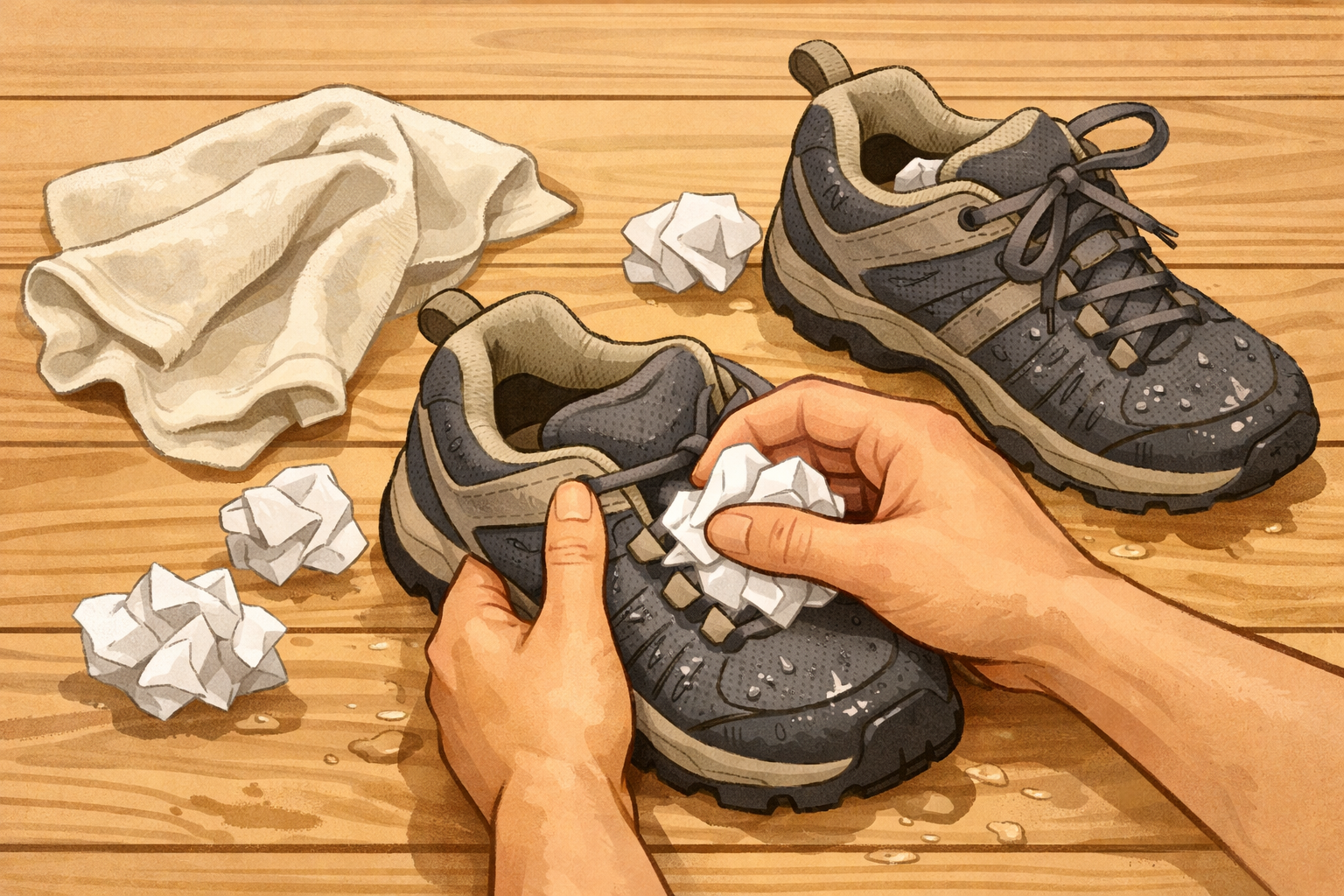Stuffing paper into shoes to help them dry and keep their shape.