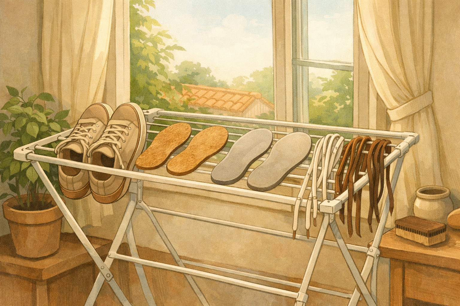 Shoes, insoles, and laces air‑drying by an open window away from heat.