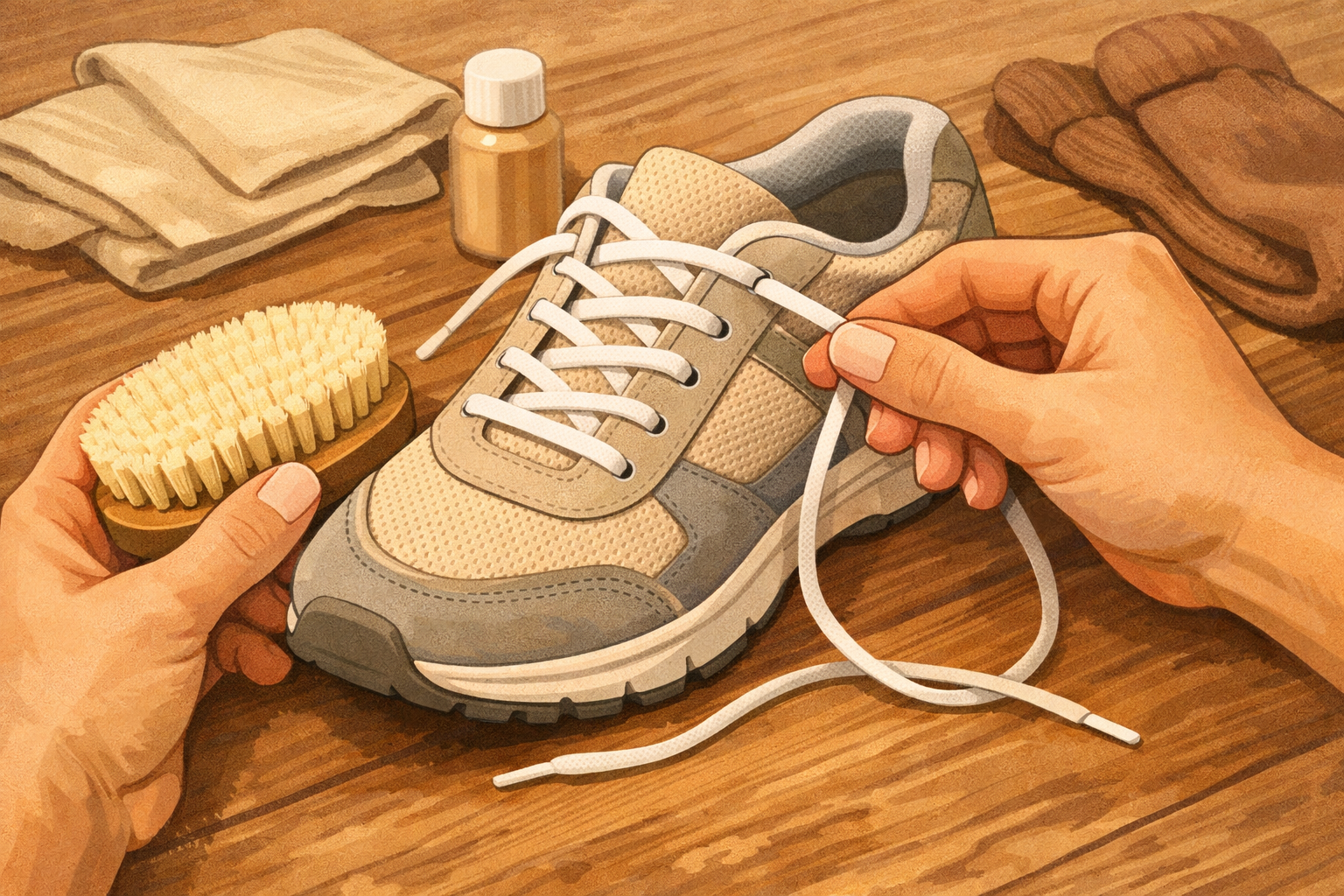 Relacing a clean walking shoe and giving the upper a final light brush.
