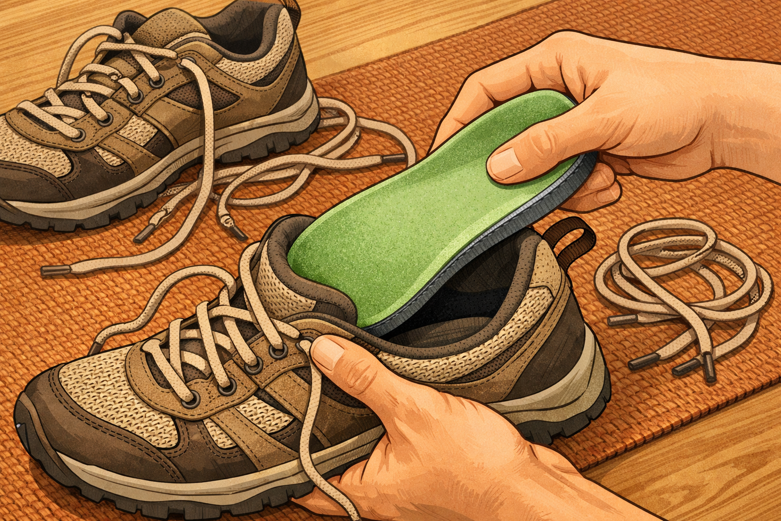 Hands removing laces and an insole from a walking shoe before cleaning.