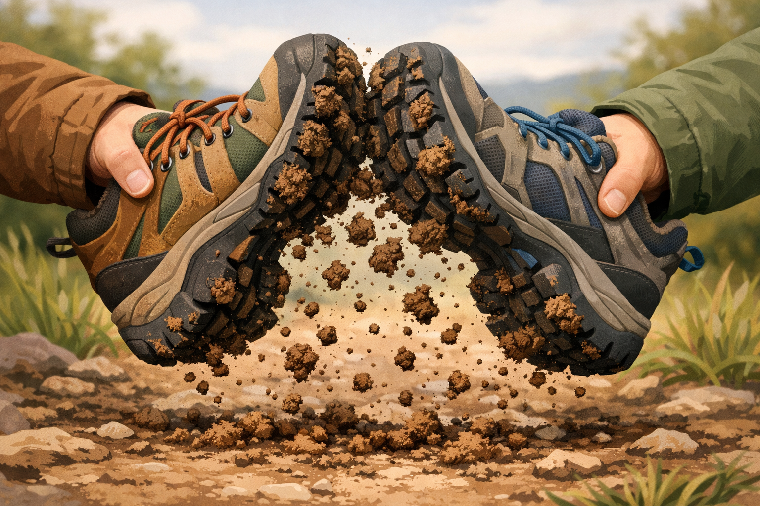 Hands clapping shoe soles together outside to shake off dried mud.