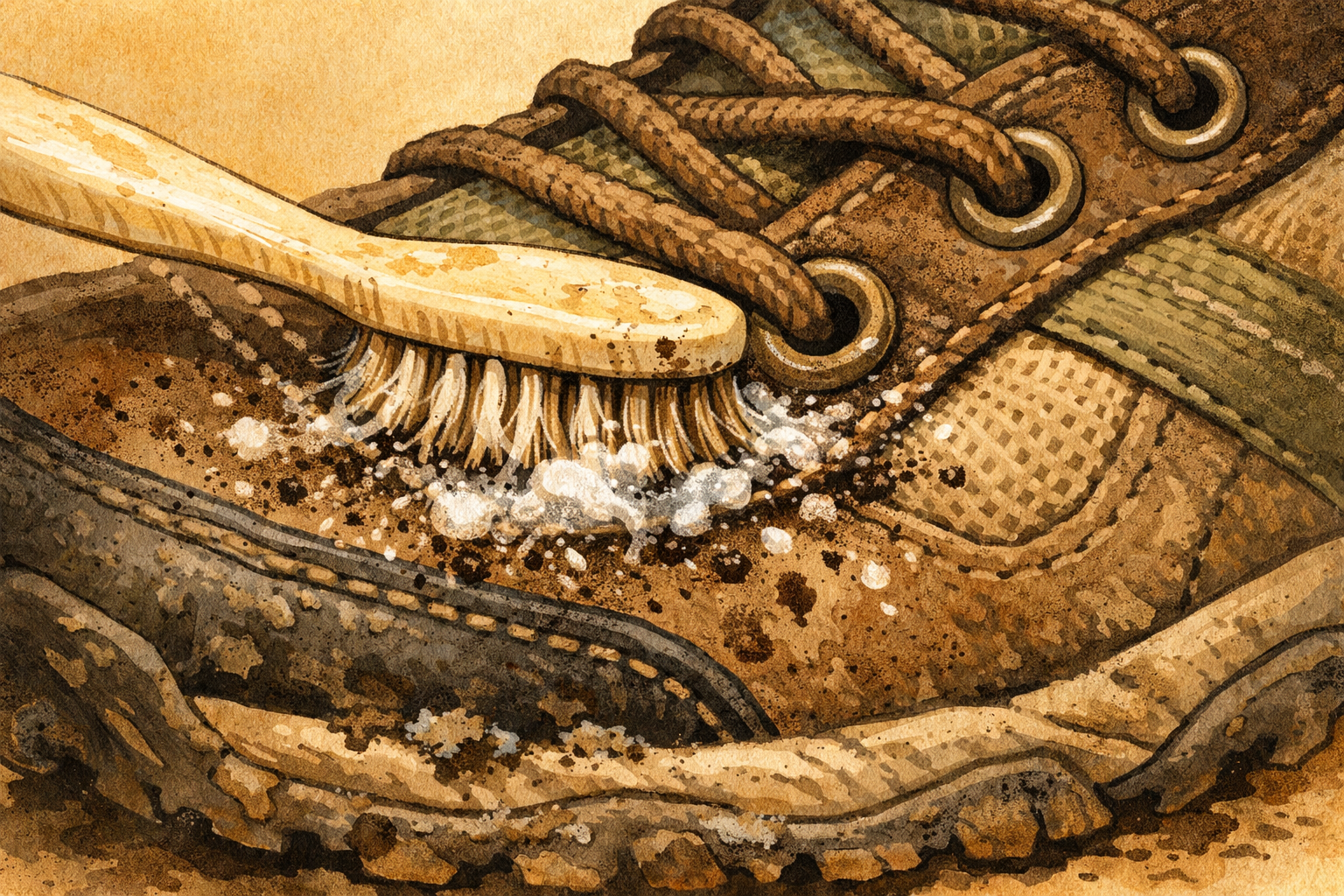 Old toothbrush brushing mud from seams and eyelets on a walking shoe.
